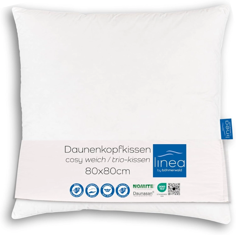 Almohada de plumón Böhmerwald LINEA 80x80 formato grande con 90% plumón