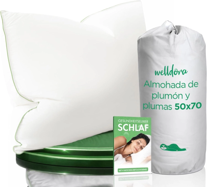Almohada de plumas y plumón Welldora 50x70 con funda blanca y borde verde