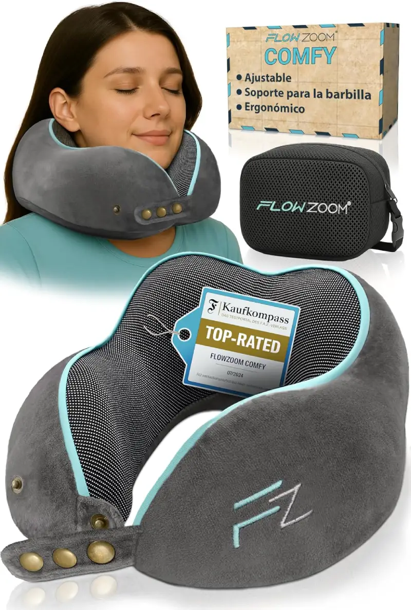 Almohada de viaje FLOWZOOM Comfy viscoelástica gris con soporte de barbilla ajustable por botones y funda de felpa