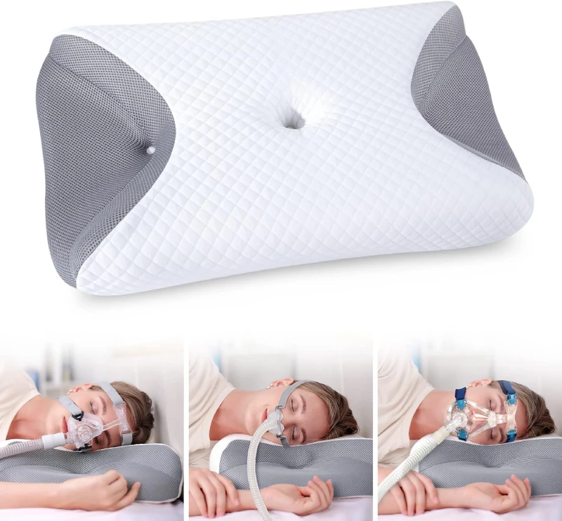 Almohada HOMCA CPAP de espuma viscoelástica gris con recortes laterales para acomodar la mascarilla y el tubo del CPAP al dormir de lado