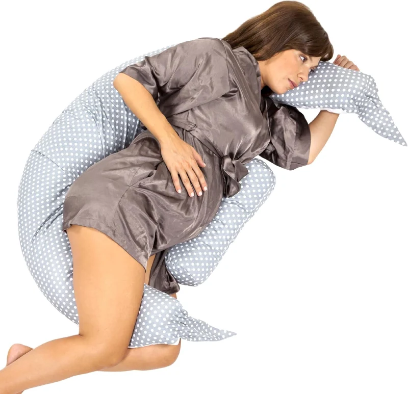 Almohada de embarazo Koala Babycare XXL gris con lunares, forma alargada, funda de algodón intercambiable para embarazo y lactancia