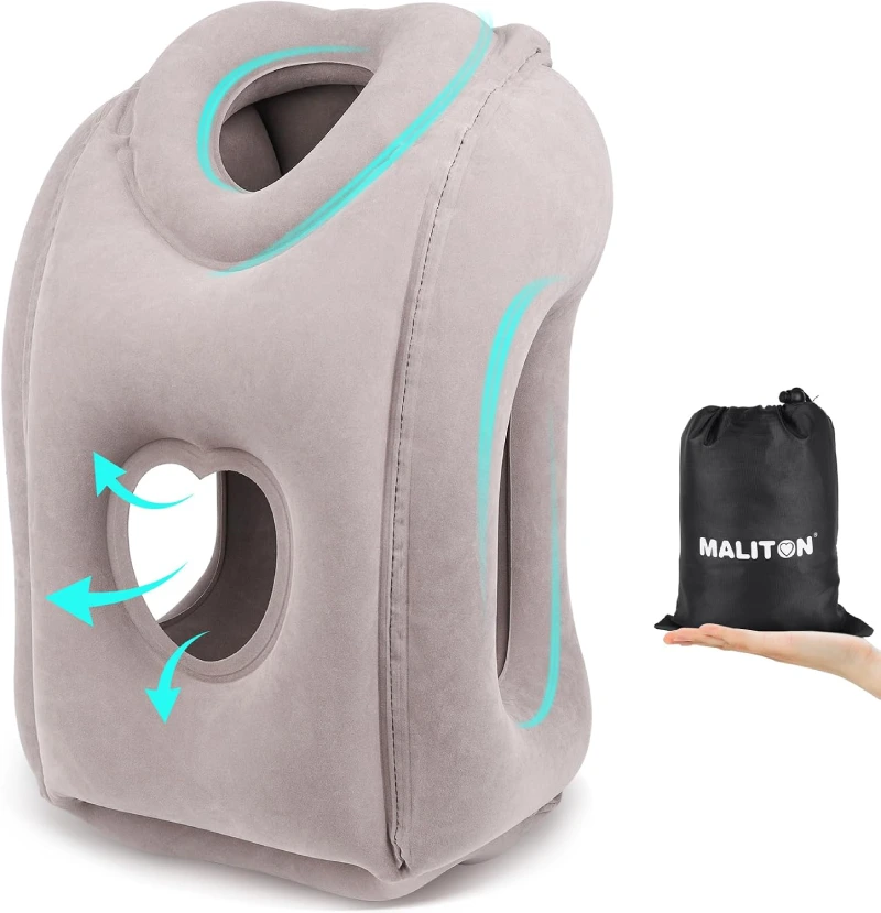 Almohada de viaje inflable Maliton gris para apoyar la cabeza y los brazos hacia adelante sobre la bandeja, ultracompacta
