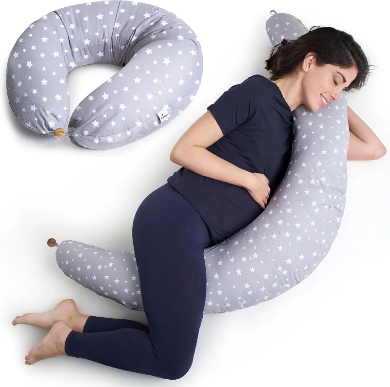 Almohada de embarazo Niimo semicircular gris con estrellas, funda de algodón, que se convierte en cojín de lactancia