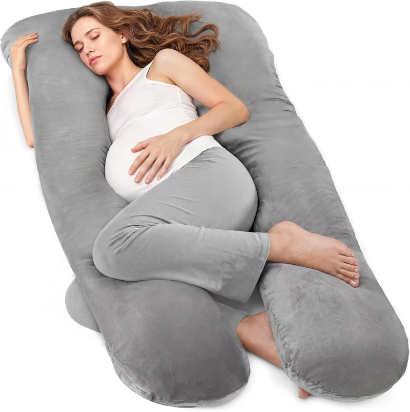 Almohada de embarazo Nuliie en forma de U de color gris con funda de terciopelo lavable para soporte de espalda, caderas y piernas