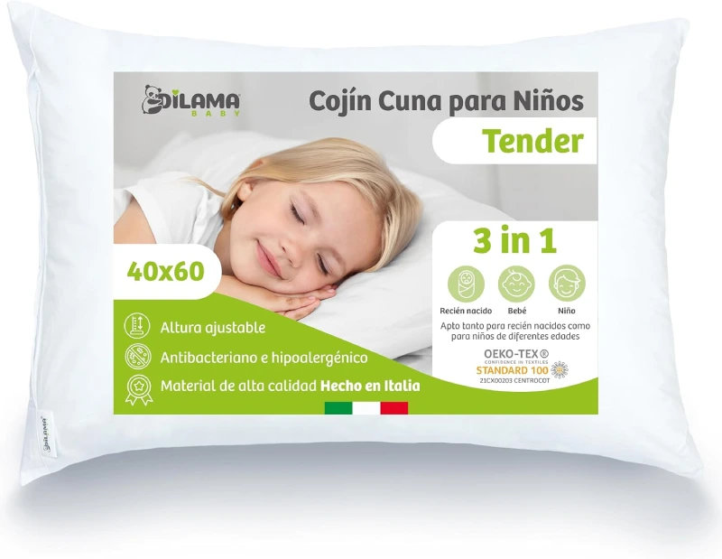 Almohada infantil Dilamababy ajustable de microesferas con funda de algodón percal