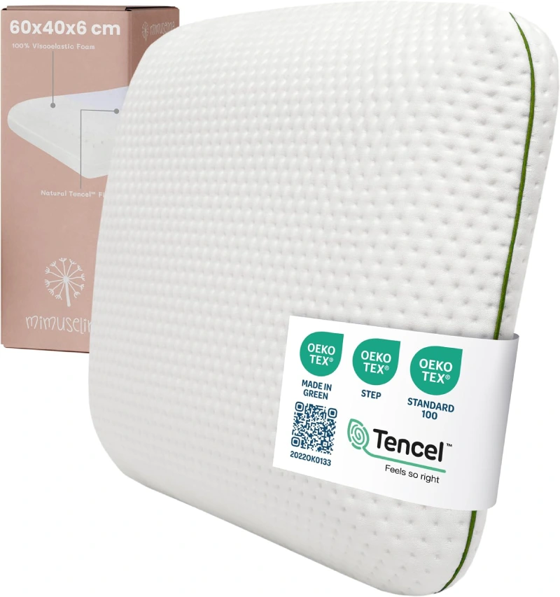 Almohada infantil MIMUSELINA viscoelástica 60x40x6 cm con certificación OEKO-TEX y CertiPUR y funda de Tencel hipoalergénica para niños