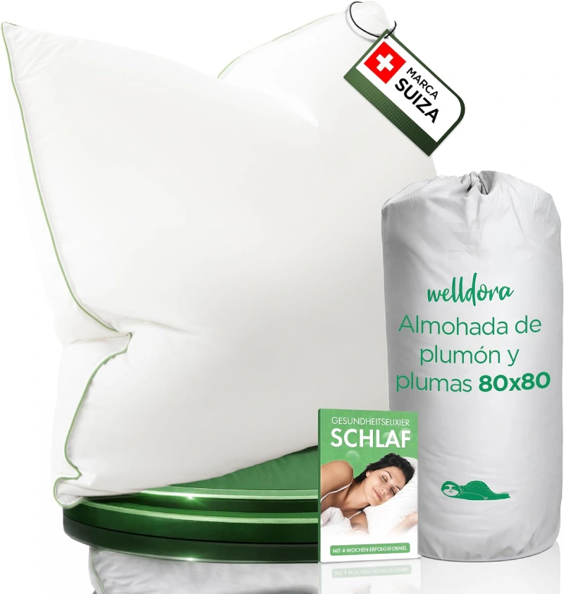 Almohada de plumón y plumas Welldora 80x80 formato grande tipo hotel con funda blanca y certificado RDS
